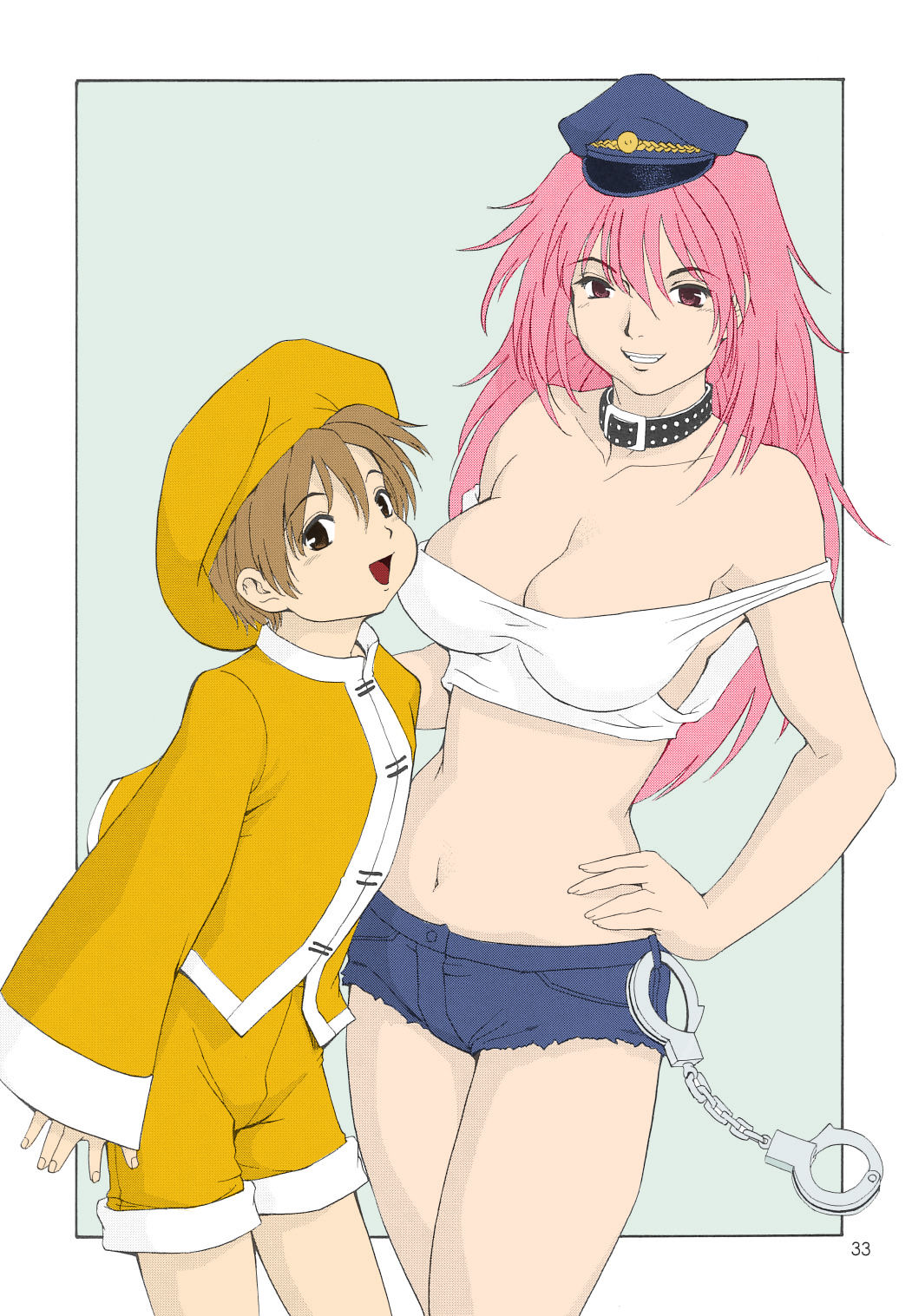 1boy 1girl age_difference androgynous bao_(kof) cap capcom colorized crossover final_fight highres pink_hair poison_(final_fight) saigado smile snk street_fighter the_king_of_fighters trap