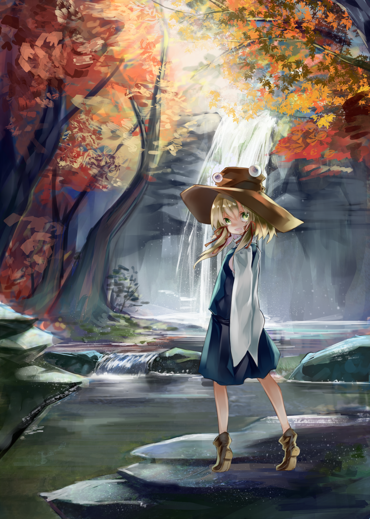 1girl autumn_leaves black_skirt blonde_hair day detached_sleeves female_focus full_body hair_ribbon hat highres leaf looking_at_viewer moriya_suwako outdoors red_ribbon ribbon sidelocks skirt skirt_set sleeves_past_wrists smile solo standing syukou touhou tree tress_ribbon vest water waterfall wide_sleeves yellow_eyes