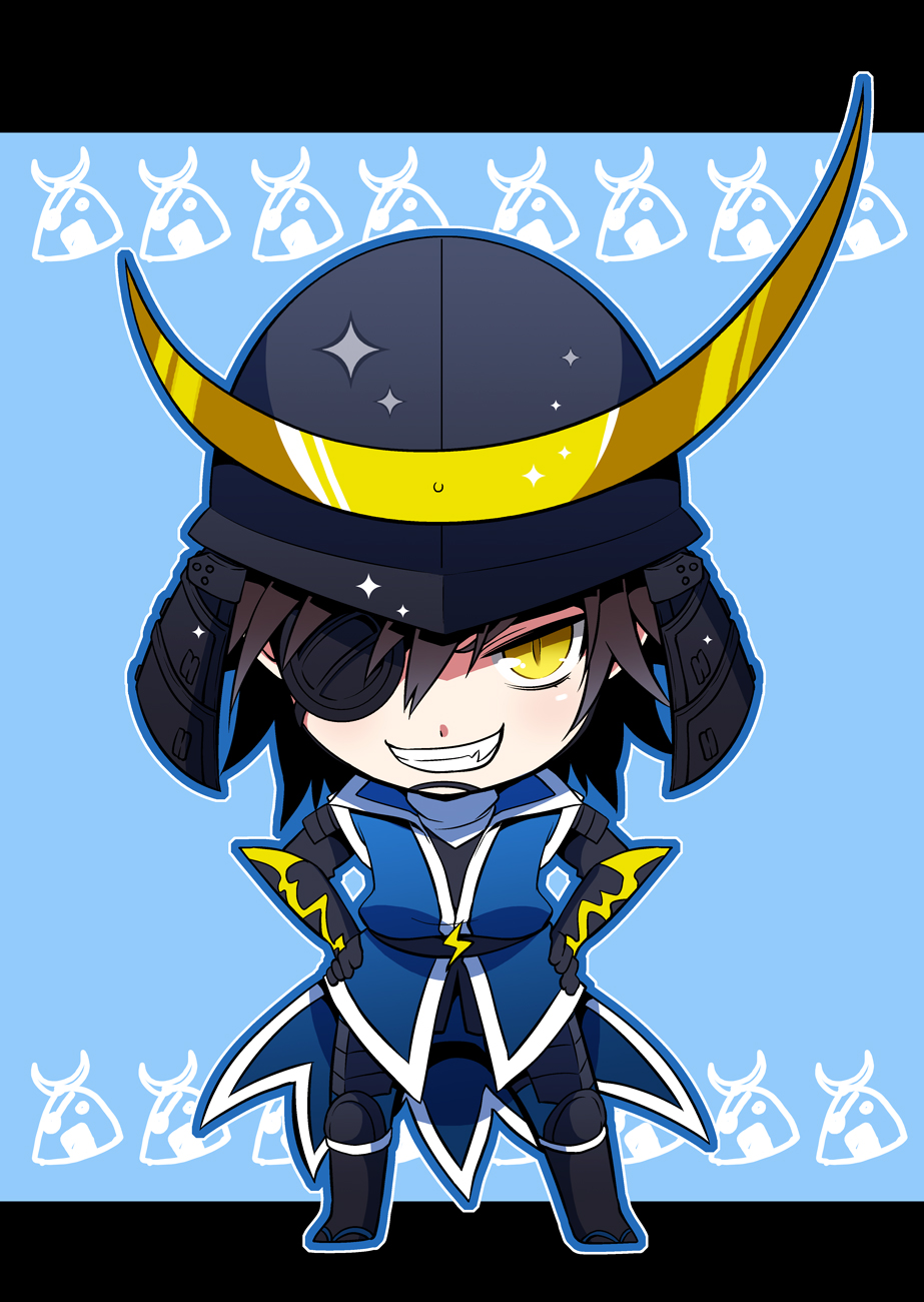 1boy armor blue_background blue_outline brown_hair date_masamune_(sengoku_basara) fang grin hands_on_own_hips helmet highres japanese_armor kabuto_(helmet) letterboxed looking_at_viewer male_focus outline outside_border sengoku_basara short_hair simple_background slit_pupils smile solo warabi_(waradoko) yellow_eyes