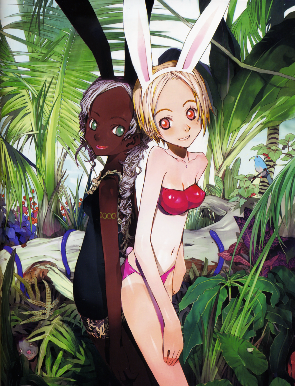2girls animal_ears artbook back-to-back bandeau bikini bird black_dress blonde_hair blush breasts cleavage dark-skinned_female dark_skin dress forest green_eyes highres leaf long_hair multiple_girls nature navel okama original rabbit_ears rabbit_tail red_bikini red_eyes scan short_hair silver_hair smile snake swimsuit tail tan tanline tree very_dark_skin