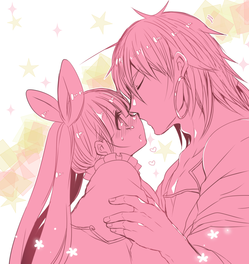 1boy 1girl magi_the_labyrinth_of_magic mamemix monochrome upper_body white_background