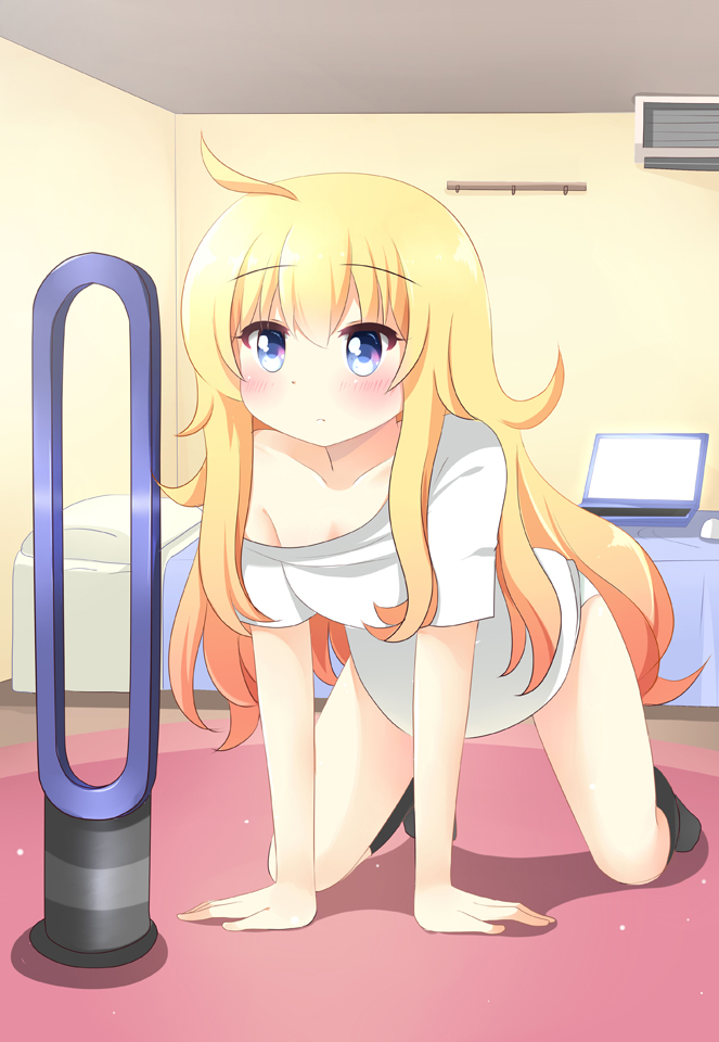 1girl air_conditioner all_fours bare_shoulders bed bedroom black_socks bladeless_fan blonde_hair blue_eyes blush closed_mouth collarbone commentary commission computer female_focus full_body gabriel_dropout gabriel_tenma_white hair_between_eyes ikazu401 indoors kneehighs laptop long_hair off_shoulder panties rug shadow shirt short_sleeves socks solo underwear very_long_hair white_panties white_shirt