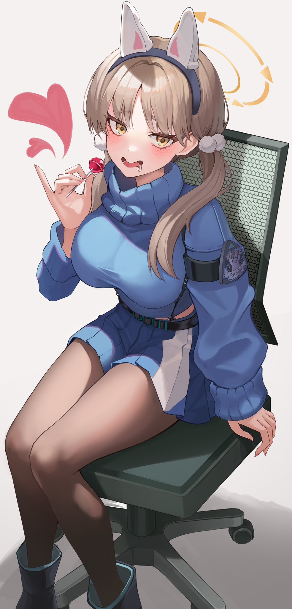1girl animal_ears belt black_hairband blue_archive blue_skirt blue_sweater breasts brown_hair brown_pantyhose candy chair crop_top fake_animal_ears food gusim hairband halo hand_up heart high_collar highres holding holding_candy holding_food holding_lollipop large_breasts lollipop long_hair long_sleeves looking_at_viewer midriff_peek miniskirt moe_(blue_archive) on_chair open_mouth pantyhose pleated_skirt saliva simple_background sitting skirt smile solo sweater swivel_chair taut_sweater twintails white_background yellow_eyes
