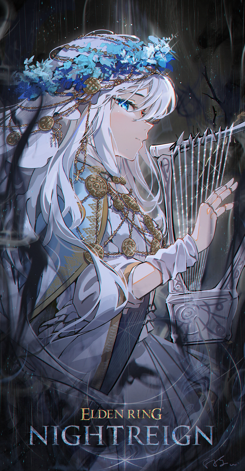 1girl baisi_shaonian blue_eyes blush closed_mouth dress elden_ring elden_ring_nightreign flower_wreath from_side harp head_wreath highres instrument long_hair looking_at_viewer music playing_instrument revenant_(elden_ring) smile solo veil white_dress white_hair white_veil