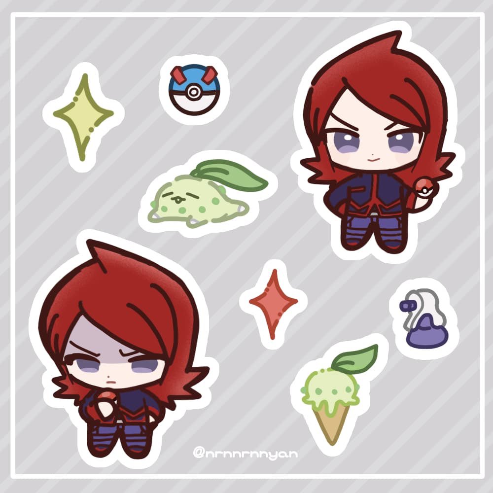 1boy chibi chikorita closed_mouth cowlick eneko_(olavcnkrpucl16a) food gen_2_pokemon great_ball grey_eyes holding holding_poke_ball ice_cream ice_cream_cone jacket long_hair male_focus nintendo pants poke_ball poke_ball_(basic) pokemon pokemon_(creature) pokemon_hgss potion_(pokemon) red_hair shoes silver_(pokemon) smile sparkle twitter_username