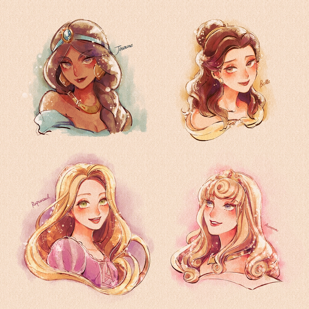 1girl 4girls aladdin_(movie) aurora_(disney) beauty_and_the_beast belle_(disney) black_hair blonde_hair blue_eyes brown_hair company_connection disney disney_princess dress hairband jasmine_(disney) jewelry long_hair mizala multiple_girls princess rapunzel_(disney) sleeping_beauty smile tangled