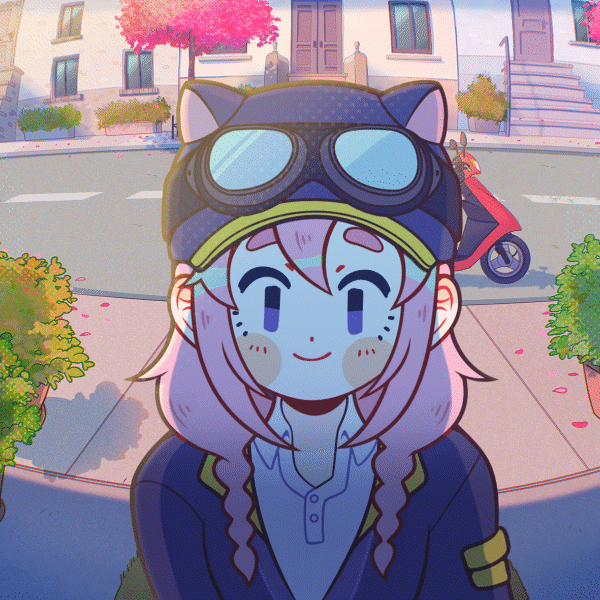 1girl animal_hat baseball_cap blue_hat blue_jacket braid building cat_hat closed_mouth collared_shirt commentary english_commentary fisheye goggles goggles_on_headwear hat jacket long_hair looking_at_viewer motor_vehicle nemupan official_art outdoors pink_hair road scooter shirt sidewalk smile solo steam_(platform) steam_delivery_girl twin_braids upper_body white_shirt