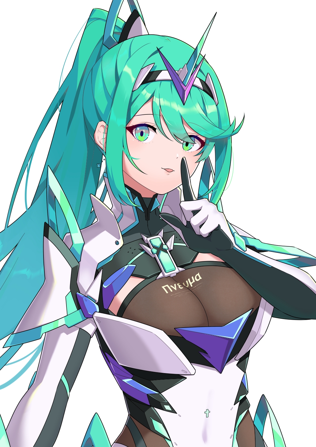 1girl breasts green_eyes green_hair hehe_jun high_ponytail highres large_breasts pneuma_(xenoblade) ponytail solo xenoblade_chronicles_(series) xenoblade_chronicles_2