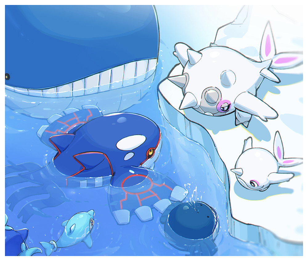 black_eyes blowhole border cetitan cetoddle closed_mouth day dolphin finizen gen_3_pokemon glacier hi-fi_(fijazzy) kyogre legendary_pokemon nintendo no_humans outdoors palafin palafin_(hero) pokemon pokemon_(creature) solid_circle_eyes teeth wailmer wailord water white_border
