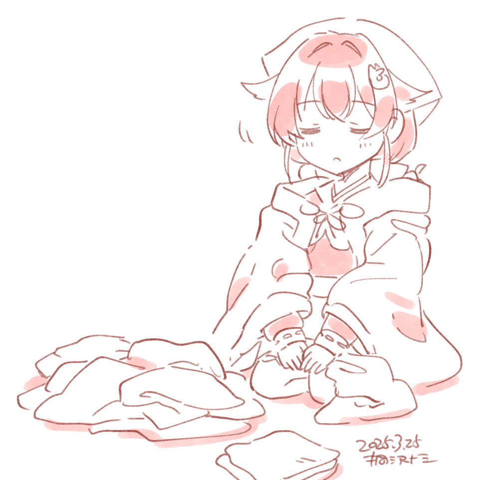 1girl artist_name bandana closed_eyes commentary_request dated folding_clothes hair_flaps jingei_(kancolle) kantai_collection kirisawa_juuzou long_hair monochrome red_theme seiza shawl sitting solo