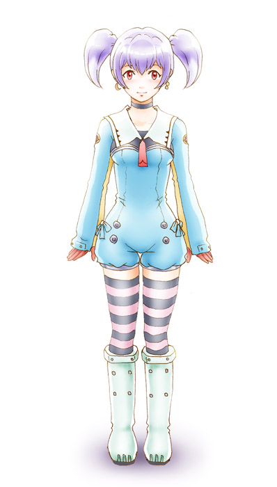 00s bad_id bad_pixiv_id boots chiko earrings full_body gloves jewelry leica_(leica_xx) purple_hair red_eyes romper shoes short_hair solo striped_clothes striped_thighhighs thighhighs thumb_hole top_wo_nerae!_(series) top_wo_nerae_2! twintails tycho_science white_footwear
