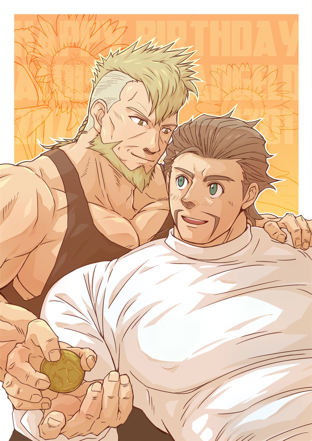 2boys alois_rangeld alternate_costume bara black_tank_top blue_eyes braid braided_ponytail brown_hair closed_mouth coin couple covered_erect_nipples fire_emblem fire_emblem:_three_houses hair_slicked_back hand_on_another&#039;s_shoulder happy_birthday highres jeralt_reus_eisner large_pectorals long_sleeves looking_at_another male_focus mature_male medium_hair multiple_boys muscular muscular_male nintendo nisetetsuo open_mouth pectoral_cleavage pectorals short_hair sidepec smile tank_top thick_eyebrows undercut yaoi