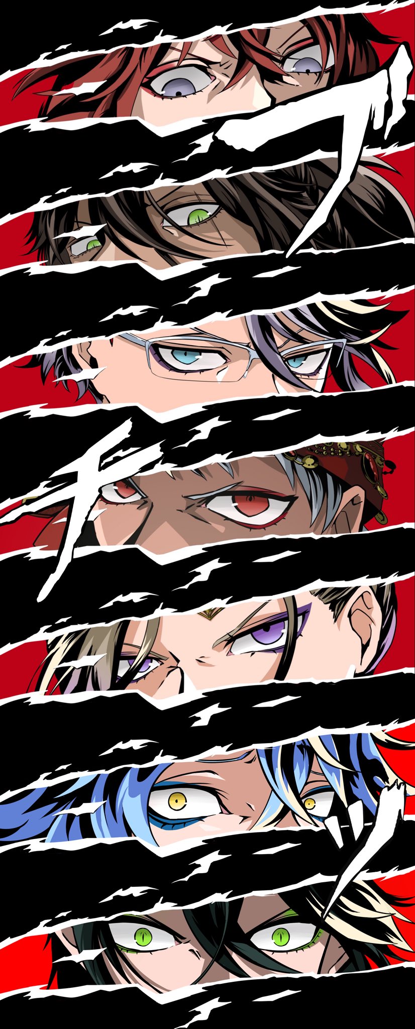6+boys azul_ashengrotto bad_id bad_twitter_id black_hair blonde_hair blue_eyes blue_hair braid brown_hair column_lineup cut-in dark-skinned_male dark_skin eyeliner glasses green_eyes grey_hair headdress highres idia_shroud jewelry kalim_al-asim leona_kingscholar long_hair looking_at_viewer makeup male_focus malleus_draconia multiple_boys persona persona_5 persona_eyes purple_eyes red_eyes red_hair riddle_rosehearts scar scar_across_eye scar_on_face shibacha206 short_hair sound_effects twisted_wonderland vil_schoenheit yellow_eyes