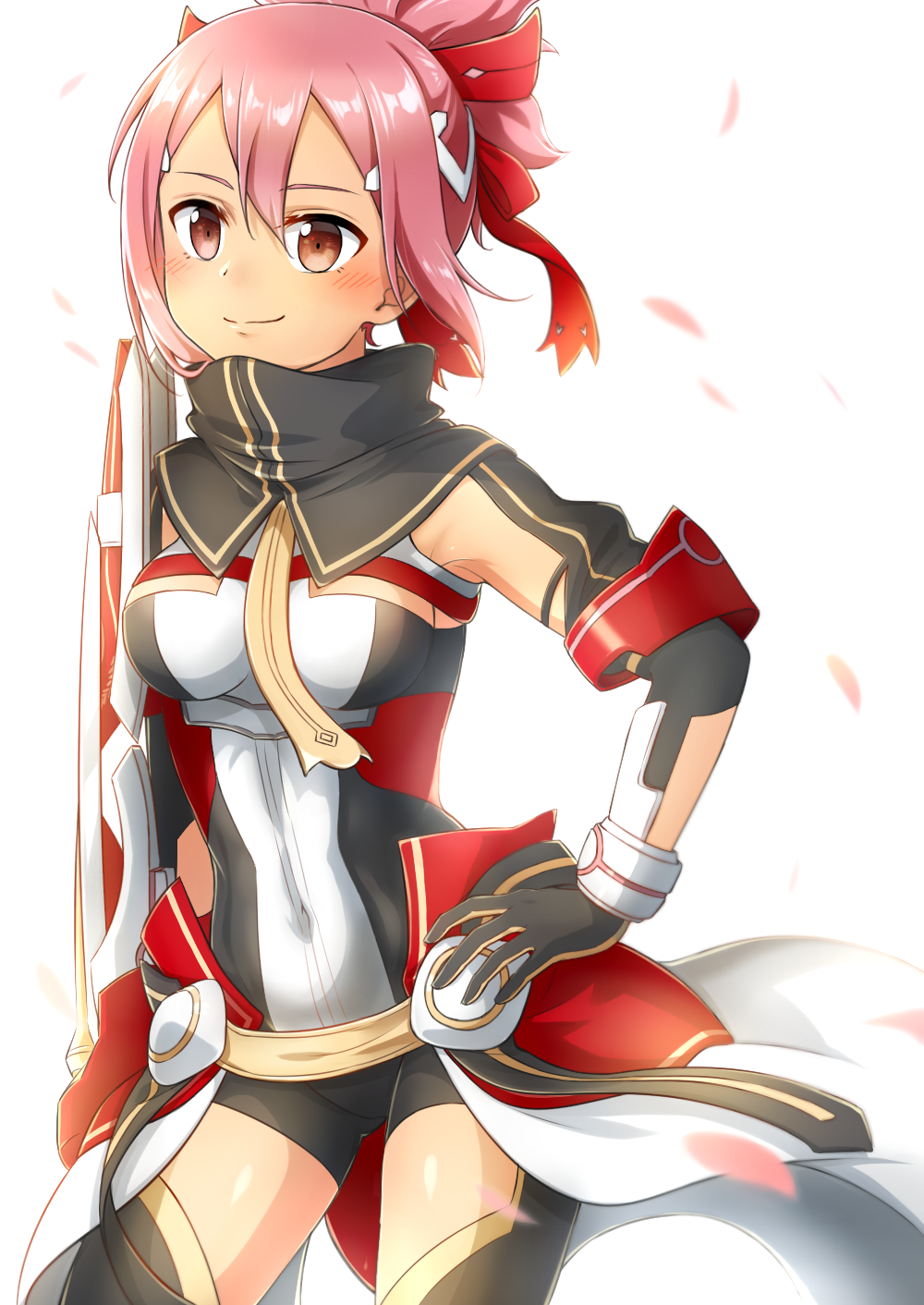 1girl akamine_yuuna armor black_gloves black_shorts blush breasts closed_mouth contrapposto covered_navel cowboy_shot eda_udon faulds gloves hair_between_eyes hand_on_own_hip highres mankai medium_breasts pink_hair red_eyes short_hair short_shorts shorts smile solo standing white_background yuuki_yuuna_wa_yuusha_de_aru yuusha_de_aru
