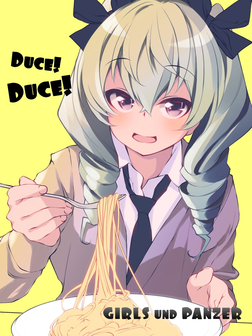 1girl anchovy_(girls_und_panzer) black_necktie black_ribbon bow brown_cardigan cardigan chuutaro_metal commentary copyright_name dress_bow drill_hair food fork girls_und_panzer green_hair hair_ribbon holding holding_fork long_hair long_sleeves looking_at_viewer loose_necktie necktie open_mouth pasta plate red_eyes ribbon school_uniform shirt simple_background smile solo twin_drills twintails white_shirt wing_collar yellow_background