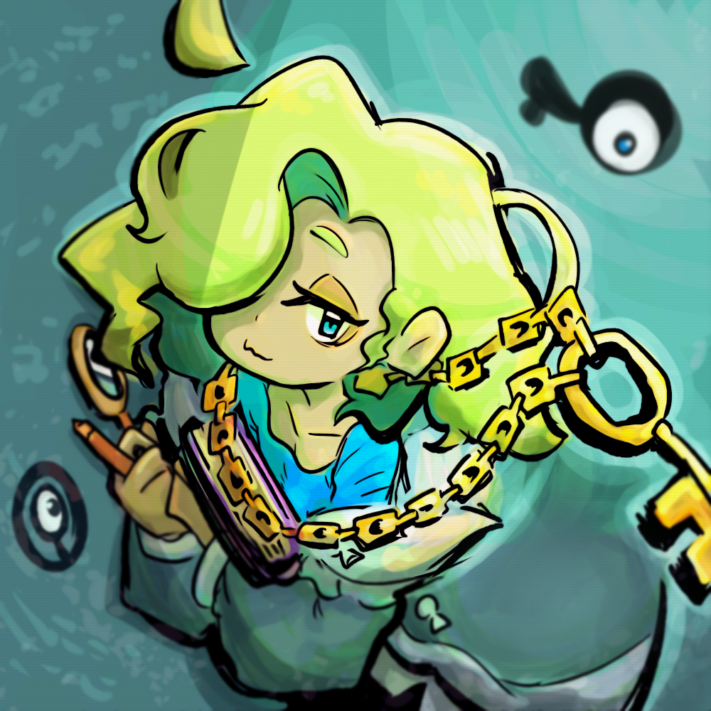 1girl ahoge blue_eyes blue_shirt book ciphermaniac_(pokemon) detached_ahoge floating floating_object game_freak gen_2_pokemon gold_necklace green_hair hair_over_one_eye half-closed_eyes holding holding_book holding_magnifying_glass holding_to_chest hugging_object jewelry key key_necklace lab_coat long_hair looking_at_viewer magnifying_glass necklace nintendo occumt off_shoulder one-eyed pokemon pokemon_(creature) pokemon_tcg shirt smile solo_focus unown unown_o unown_q