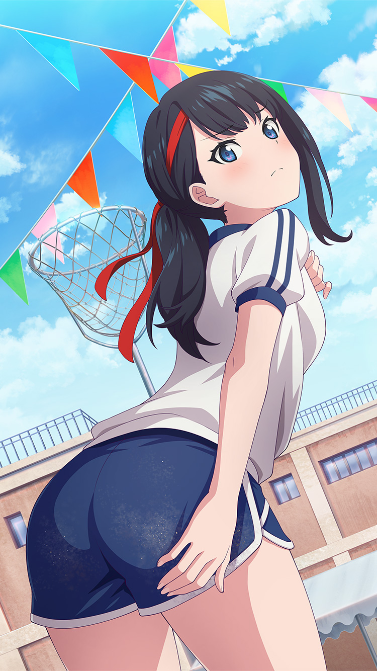 1girl ass black_hair blue_eyes blue_shorts closed_mouth cowboy_shot dirty dirty_clothes dolphin_shorts embarrassed from_behind frown game_cg gridman_universe gym_uniform headband highres light_blush long_hair looking_at_viewer official_art outdoors ponytail red_headband school shirt short_sleeves shorts solo ssss.gridman standing takarada_rikka third-party_source white_shirt