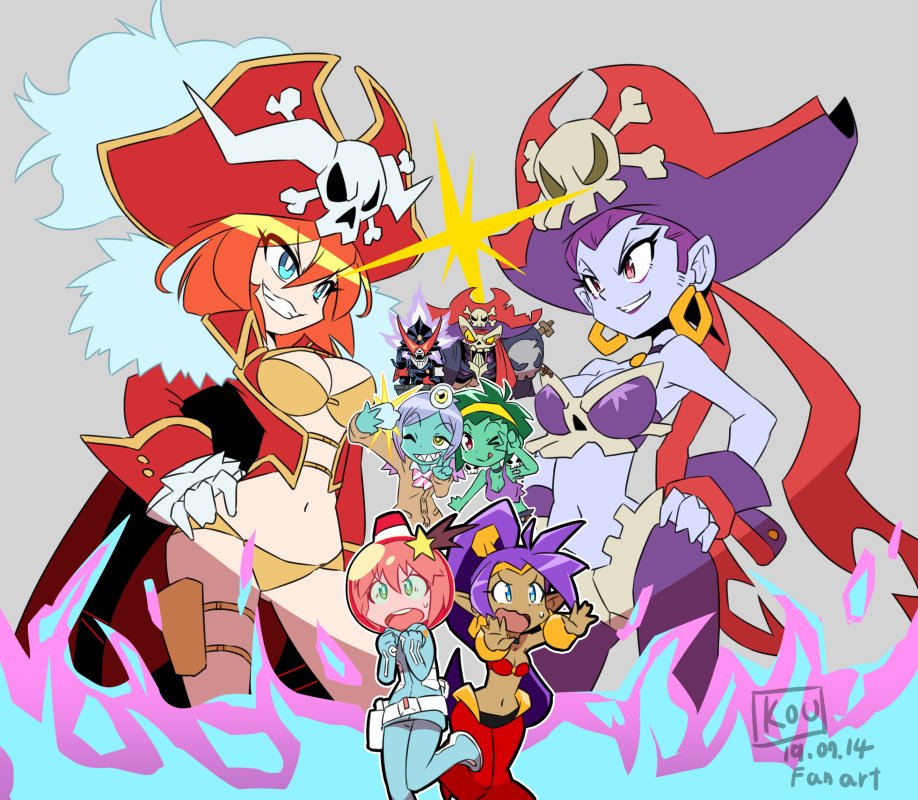 2boys 6+girls alien aqua_skin artist_name bare_shoulders belt bikini black_eyes blue_eyes bodysuit bow bowtie bracer breasts camisole cape cleavage collared_shirt colored_sclera colored_skin commentary crop_top crossover dark-skinned_female dark_skin dated earrings eyeball eyes_visible_through_hair frills gem genie gloves green_eyes green_hair green_skin hair_between_eyes hair_ornament hairband hand_on_own_hip hat hoop_earrings horns jewelry lalaco_godspeed lipstick long_hair long_sleeves loose_belt luluco maebari makeup mature_female midori_(uchuu_patrol_luluco) midriff mother_and_daughter multiple_boys multiple_girls navel one_eye_closed open_mouth orange_hair over_justice pants pirate pirate_hat pirate_master plume pointy_ears ponytail pouch purple_camisole purple_hair purple_skin red_eyes red_hair red_headwear risky_boots rottytops school_uniform selfie shantae shantae_(series) shantae_and_the_seven_sirens sharp_teeth shirt short_hair simple_background skeleton skull skull_and_crossbones skull_earrings sleeve_cuffs sleeves_past_wrists smile smirk standing star_(symbol) star_hair_ornament stomach sweat swept_bangs swimsuit tank_top teeth thighs tongue trait_connection trigger_(company) uchuu_patrol_luluco v-shaped_eyebrows vambraces very_long_hair wing_collar yabe_makoto yellow_hairband yellow_sclera zombie