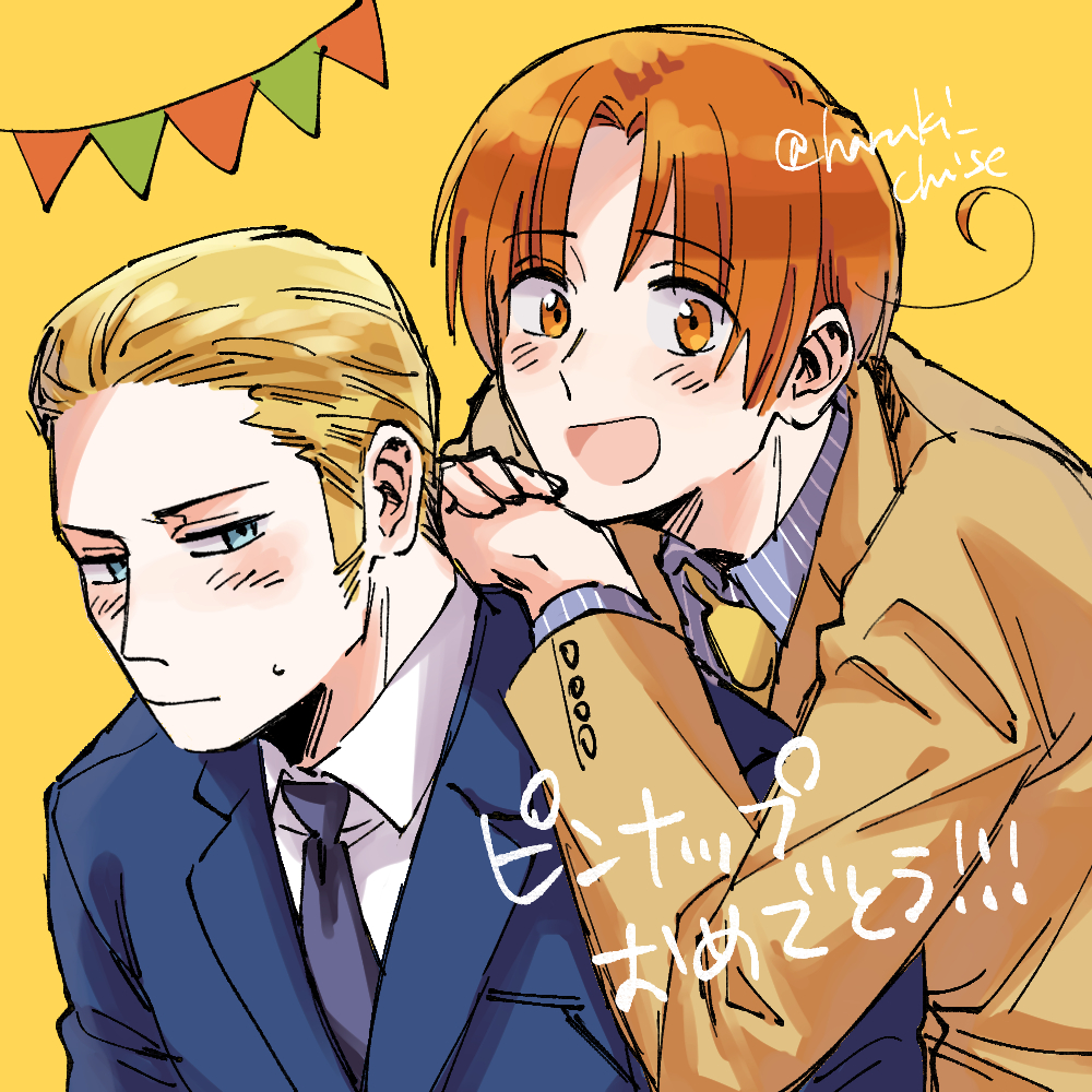 2boys ahoge axis_powers_hetalia blonde_hair blue_eyes blue_jacket blue_shirt blush brown_jacket buttons closed_mouth collared_shirt commentary_request formal_clothes germany_(hetalia) haruki_chise jacket lapels long_sleeves looking_at_viewer male_focus multiple_boys necktie northern_italy_(hetalia) open_mouth orange_eyes orange_hair parted_bangs purple_necktie shirt short_hair simple_background smile string_of_flags striped_clothes striped_shirt suit_jacket sweatdrop upper_body vertical-striped_clothes vertical-striped_shirt white_shirt yellow_background yellow_necktie