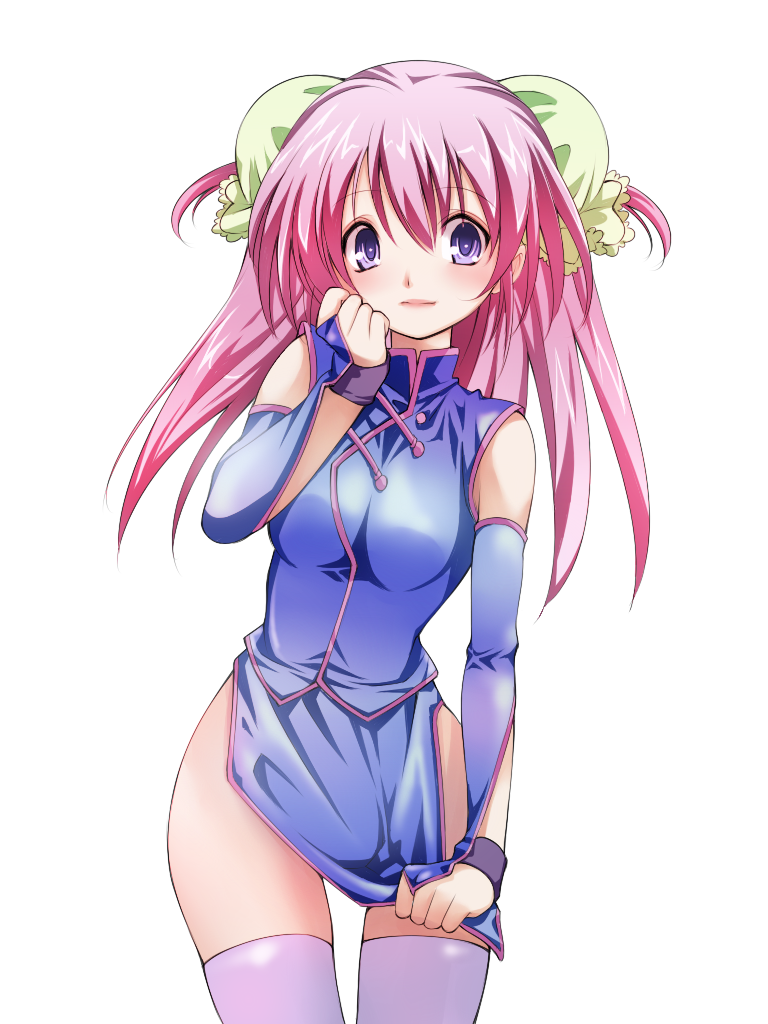 1girl alric blouse blue_shirt bridal_gauntlets bun_cover china_dress chinese_clothes detached_sleeves double_bun dress female_focus hair_bun lips original pink_hair purple_eyes purple_hair shirt side_slit simple_background skirt skirt_tug solo thigh_gap thighhighs thighs white_background white_thighhighs