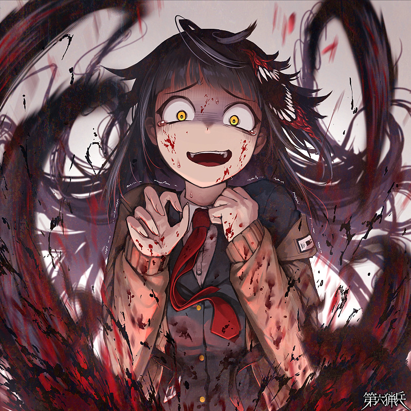 1girl absurdly_long_hair ahoge black_hair black_jacket blood blood_on_clothes blood_on_face brown_sweater copyright_name dairoku_ryouhei hair_weapon hetza_(hellshock) jacket long_hair looking_at_viewer necktie open_mouth red_necktie school_uniform shaded_face sharp_teeth shirt smile solo sweater tearing_up teeth trembling upper_body very_long_hair white_shirt yellow_eyes