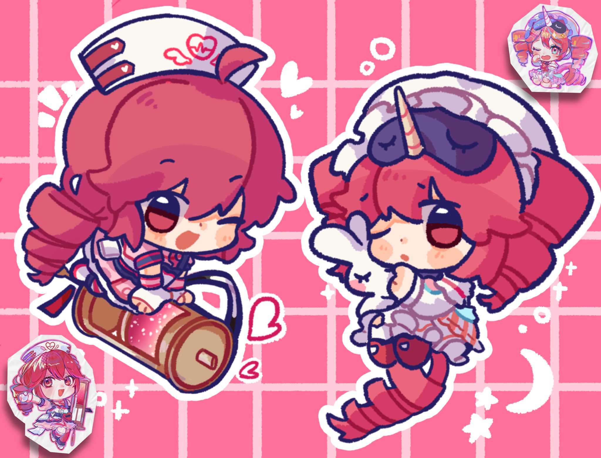 2girls ahoge alternate_costume chibi chibi_only double-parted_bangs dress drill_hair dual_persona fingerless_gloves frilled_dress frills full_body gloves hair_between_eyes hat highres horns kasane_teto kneeling moochaakaka multiple_girls nightcap nurse nurse_cap one_eye_closed open_mouth oversized_object pink_dress pink_liquid red_eyes red_footwear red_hair shoes single_horn sleep_mask socks solid_oval_eyes stuffed_animal stuffed_toy syringe twin_drills unicorn utau white_footwear white_gloves white_hair white_socks
