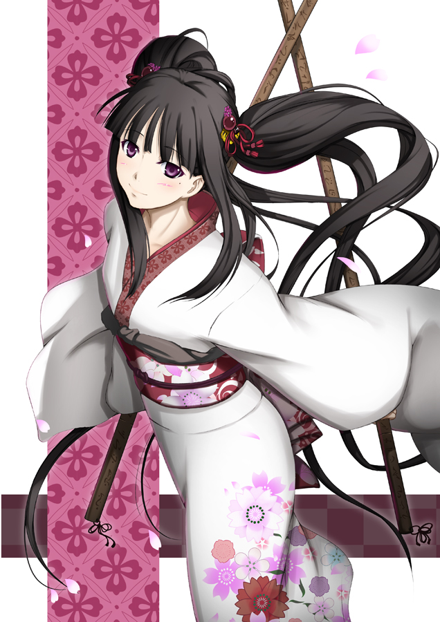 1girl bad_id bad_pixiv_id black_hair cherry_blossoms female_focus hair_ornament halcyon japanese_clothes kimono long_hair long_sleeves mole mole_under_eye obi original purple_eyes sash sheath sleeves_past_wrists smile solo twintails weapon wide_sleeves