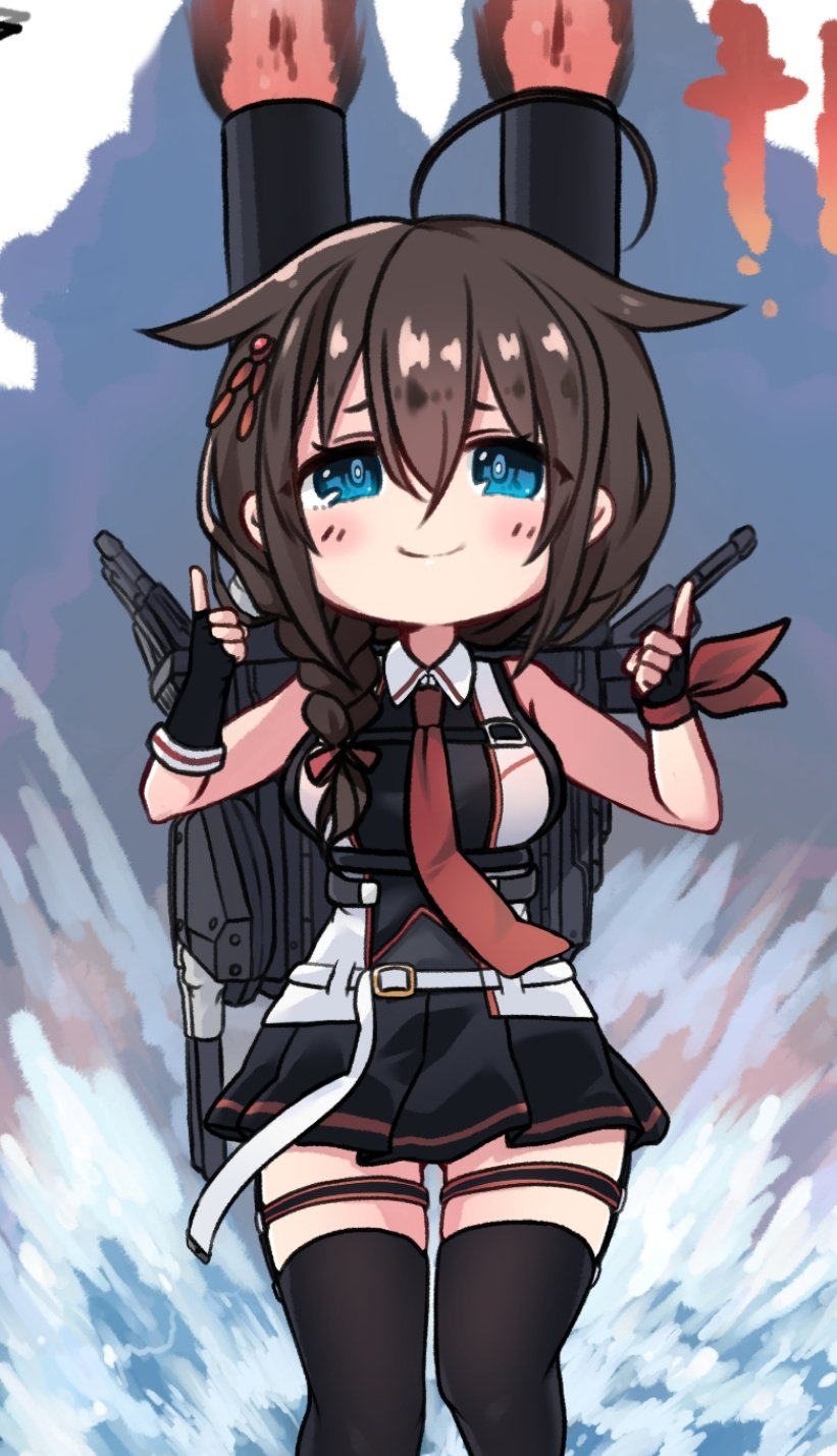 1girl ahoge black_gloves black_hair black_shirt black_skirt black_thighhighs blue_eyes braid dyson_(edaokunnsaikouya) feet_out_of_frame fingerless_gloves gloves hair_flaps hair_over_shoulder highres index_fingers_raised kantai_collection long_hair looking_at_viewer necktie pleated_skirt red_necktie shigure_(kancolle) shigure_kai_san_(kancolle) shirt single_braid skirt sleeveless sleeveless_shirt smile solo standing thighhighs two-tone_shirt