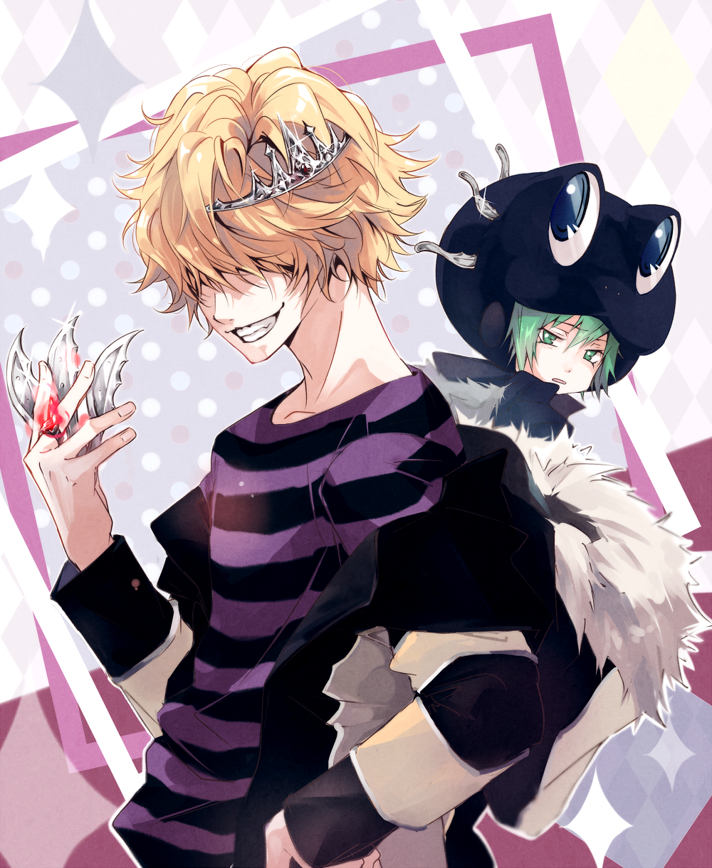 belphegor_(reborn) blonde_hair commentary_request fran_(reborn) hair_over_eyes hat highres jewelry katekyo_hitman_reborn! knife male_focus multiple_boys ring shiratama_akari shirt smile striped_clothes striped_shirt tiara
