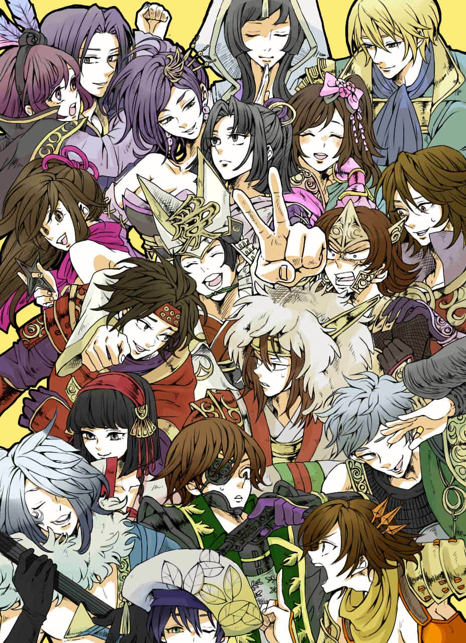 akechi_mitsuhide_(sengoku_musou) armor aya_gozen azai_nagamasa breasts chosokabe_motochika cleavage date_masamune highres hosokawa_gracia ishida_mitsunari kato_kiyomasa kunoichi_(sengoku_musou) mori_ranmaru naoe_kanetsugu nene nouhime oichi okuni sanada_yukimura_(sengoku_musou) sengoku_musou smile tachibana_ginchiyo tachibana_muneshige takenaka_hanbei usukuchi_(hagi)