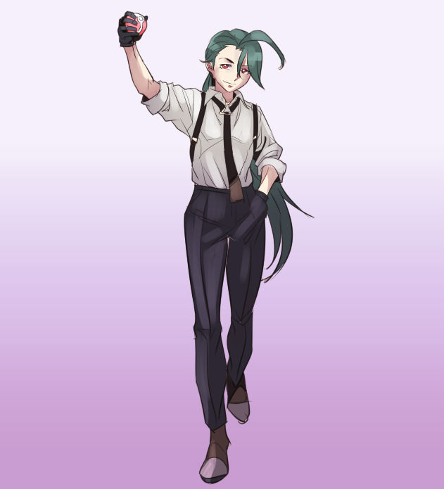 1girl ahoge arm_up black_gloves black_necktie black_pants bright_pupils brown_shoes closed_mouth collared_shirt commentary_request creatures_(company) full_body game_freak gloves green_hair hand_in_pocket holding holding_poke_ball long_hair necktie nintendo pants poke_ball pokemon pokemon_sv red_eyes rika_(pokemon) shirt shoes smile solo standing suspenders white_pupils yawakon