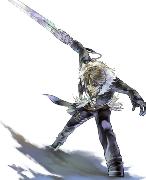 1boy arm_up belt black_belt black_footwear black_gloves black_jacket black_pants blue_eyes brown_belt brown_hair chain chain_necklace commentary_request cropped_jacket dated_commentary dissidia_final_fantasy fighting_stance final_fantasy final_fantasy_viii fur-trimmed_jacket fur_trim gloves gunblade hinokami holding holding_weapon jacket jewelry leaning_forward long_sleeves male_focus multiple_belts necklace open_clothes open_jacket pants pendant scar scar_on_face serious shirt short_hair solo squall_leonhart studded_belt thigh_strap v-neck waist_cape weapon white_background white_fur white_shirt