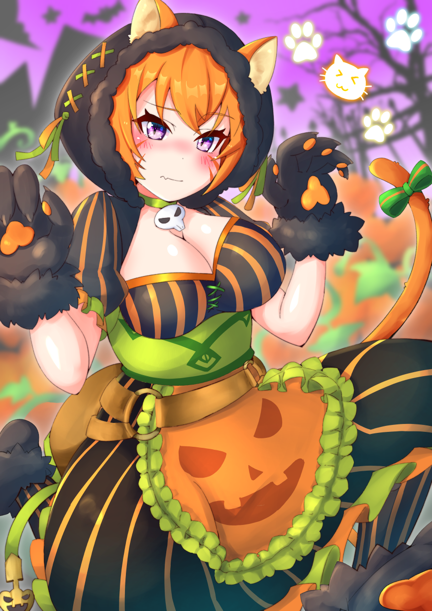 :3 animal_ears animal_hands apoj apron belt black_hood blush breasts brown_belt cat_ears cat_girl cat_paws cat_tail choker cleavage dress embarrassed facepaint facial_mark fang fire_emblem fire_emblem:_path_of_radiance fire_emblem:_radiant_dawn fire_emblem_heroes green_choker halloween halloween_costume highres jack-o&#039;-lantern_print laguz_(fire_emblem) large_breasts lethe_(fire_emblem) lethe_(halloween)_(fire_emblem) nintendo o-ring o-ring_belt official_alternate_costume orange_apron orange_tail purple_eyes ribbon skull_choker striped_clothes striped_dress striped_leggings tail tail_ornament tail_ribbon vertical-striped_leggings whisker_markings