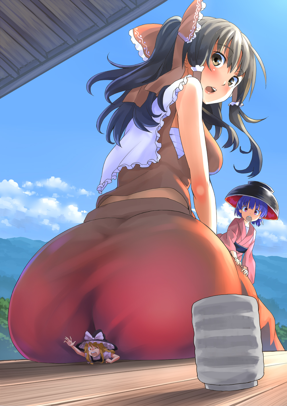 3girls ass blonde_hair blush bow bowl bowl_hat breasts brown_hair cup from_behind hair_bow hair_tubes hakurei_reimu hat highres huge_ass japanese_clothes kimono kirisame_marisa kuro_oolong looking_back mini_person minigirl multiple_girls purple_eyes purple_hair revision sarashi short_hair sitting sitting_on_person size_difference sukuna_shinmyoumaru teacup touhou witch_hat yellow_eyes yunomi