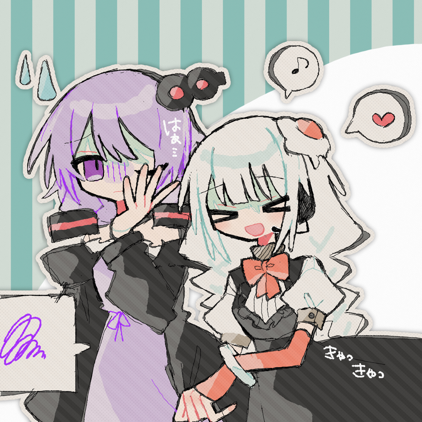 >_< 2girls black_dress black_jacket blush bow bowtie dress egg_hair_ornament food-themed_hair_ornament fried_egg hair_ornament hand_up heart highres jacket kizuna_akari long_hair multiple_girls musical_note okashira_moppu one_eye_closed open_mouth orange_bow orange_bowtie outline puffy_short_sleeves puffy_sleeves purple_dress purple_eyes purple_hair short_sleeves speech_bubble spoken_heart spoken_musical_note spoken_squiggle squiggle striped_background sweatdrop upper_body vocaloid voiceroid white_hair white_outline yuzuki_yukari