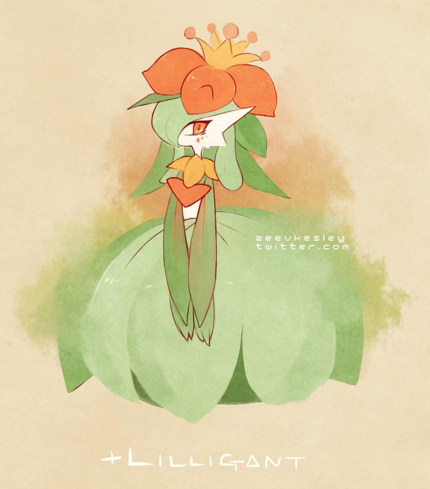 artist_name character_name crowcourier flower fusion gardevoir gen_3_pokemon gen_5_pokemon green_hair hair_flower hair_ornament hair_over_one_eye lilligant looking_at_viewer nintendo orange_eyes pokemon pokemon_(creature) pokemon_infinite_fusion