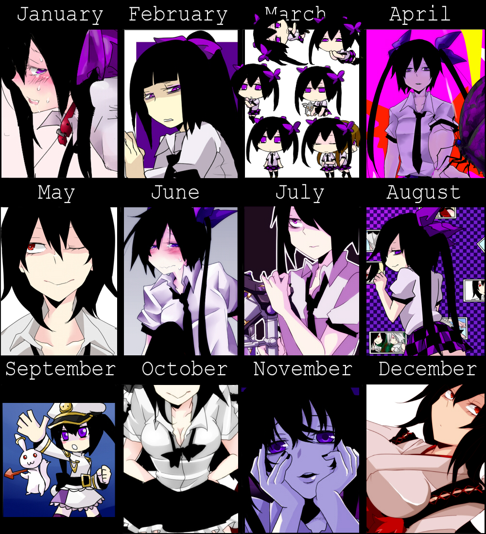 10s 2girls black_hair blush breasts bug butterfly chart female_focus hands_on_own_cheeks hands_on_own_face hata-tan_(rui_(hershe)) himekaidou_hatate insect kyubey leash mahou_shoujo_madoka_magica mahou_shoujo_madoka_magica_(anime) multiple_girls purple_eyes red_eyes ribbon rui_(hershe) shameimaru_aya touhou yandere_trance