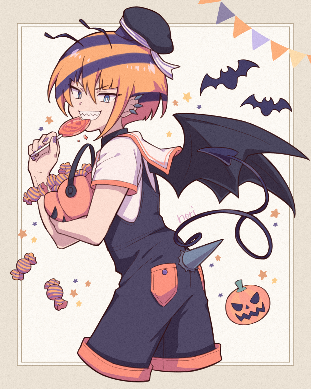 1boy antennae artist_name basket bat_tail bat_wings bee_boy beret black_hat black_overalls blonde_hair border brown_border candy chiyo_nori cowboy_shot cropped_legs ear_piercing food from_behind grin hachin_(show_by_rock!!) halloween_bucket halloween_costume hat highres holding holding_basket holding_candy holding_food holding_lollipop jack-o&#039;-lantern lollipop looking_at_viewer looking_back male_focus multicolored_hair outside_border overalls piercing purple_nails sharp_teeth shirt short_hair short_sleeves show_by_rock!! simple_background smile solo standing star_(symbol) stinger teeth two-tone_hair white_background white_shirt wings