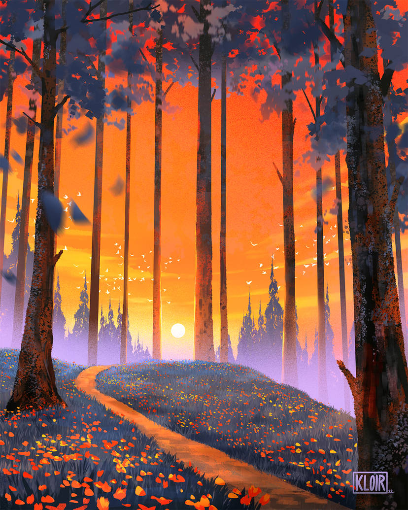 bird commentary dirt_road dusk english_commentary flock flower forest kloir landscape leaf nature no_humans orange_flower original painterly road scenery sun tree wind