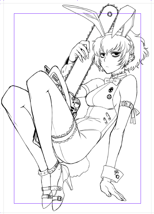 1girl animal_ears ass black_eyes black_lagoon bow bowtie breasts chainsaw ear_piercing frederica_sawyer greyscale half-closed_eyes high_heels hiroe_rei leotard medium_breasts monochrome piercing playboy_bunny power_tool rabbit_ears rabbit_tail scar scar_on_neck short_hair sideboob sketch solo tail