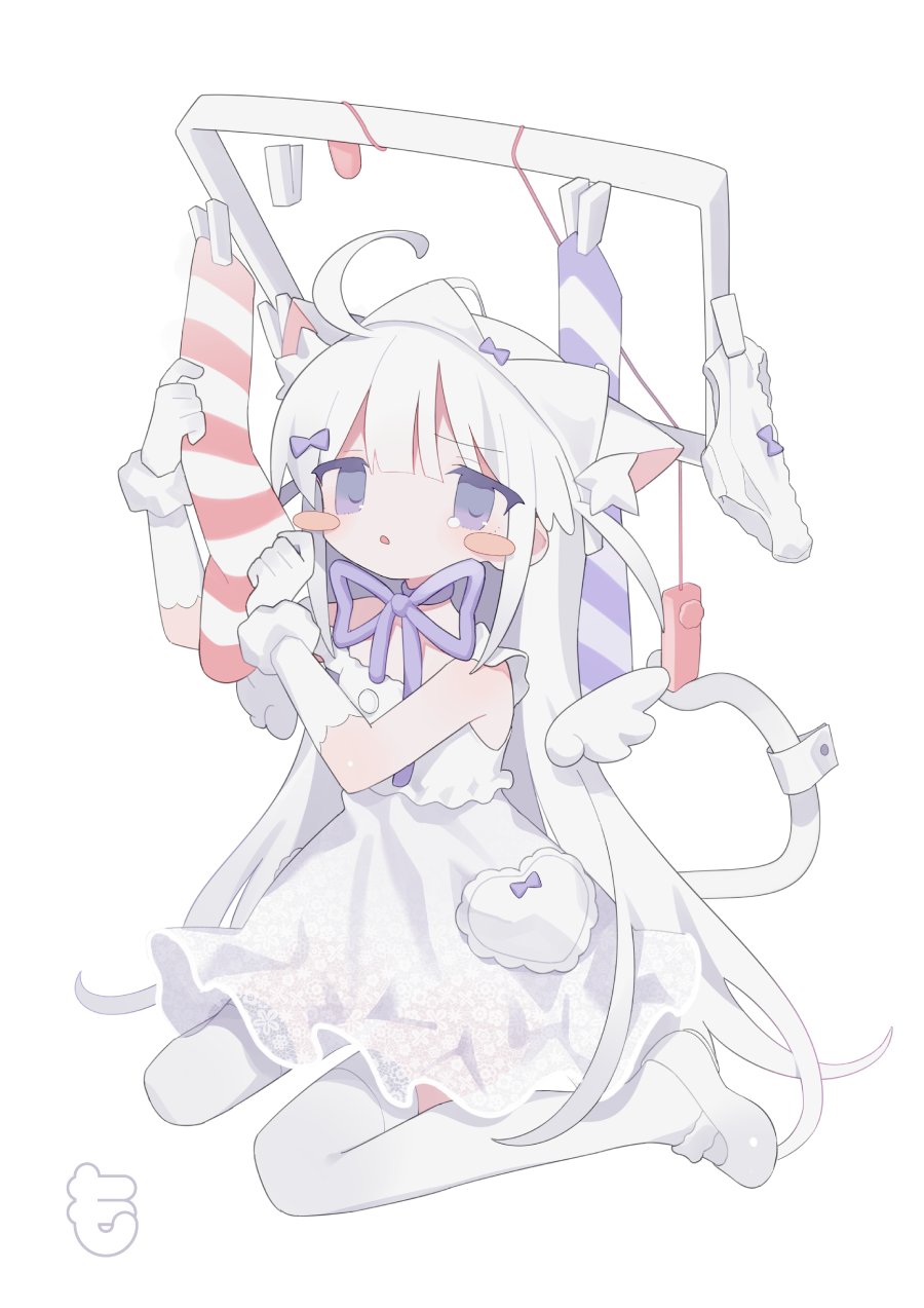 1girl ahoge angel_wings animal_ear_fluff animal_ears blush_stickers bow bow_panties bra bra_on_head cat_ears cat_girl cat_tail clothes_pin daizu_(melon-lemon) detached_wings dress egg_vibrator full_body gloves halo hands_up highres holding holding_unworn_clothes long_hair looking_at_viewer mary_janes mini_wings neck_ribbon object_on_head original panties parted_lips pink_socks purple_eyes purple_ribbon purple_socks remote_control_vibrator ribbon sex_toy shoes simple_background sitting sleeveless sleeveless_dress socks solo straight_hair striped_clothes striped_socks tail tail_ornament thighhighs underwear unworn_panties unworn_socks very_long_hair vibrator wariza white_background white_bra white_dress white_gloves white_hair white_panties white_shoes white_thighhighs wings