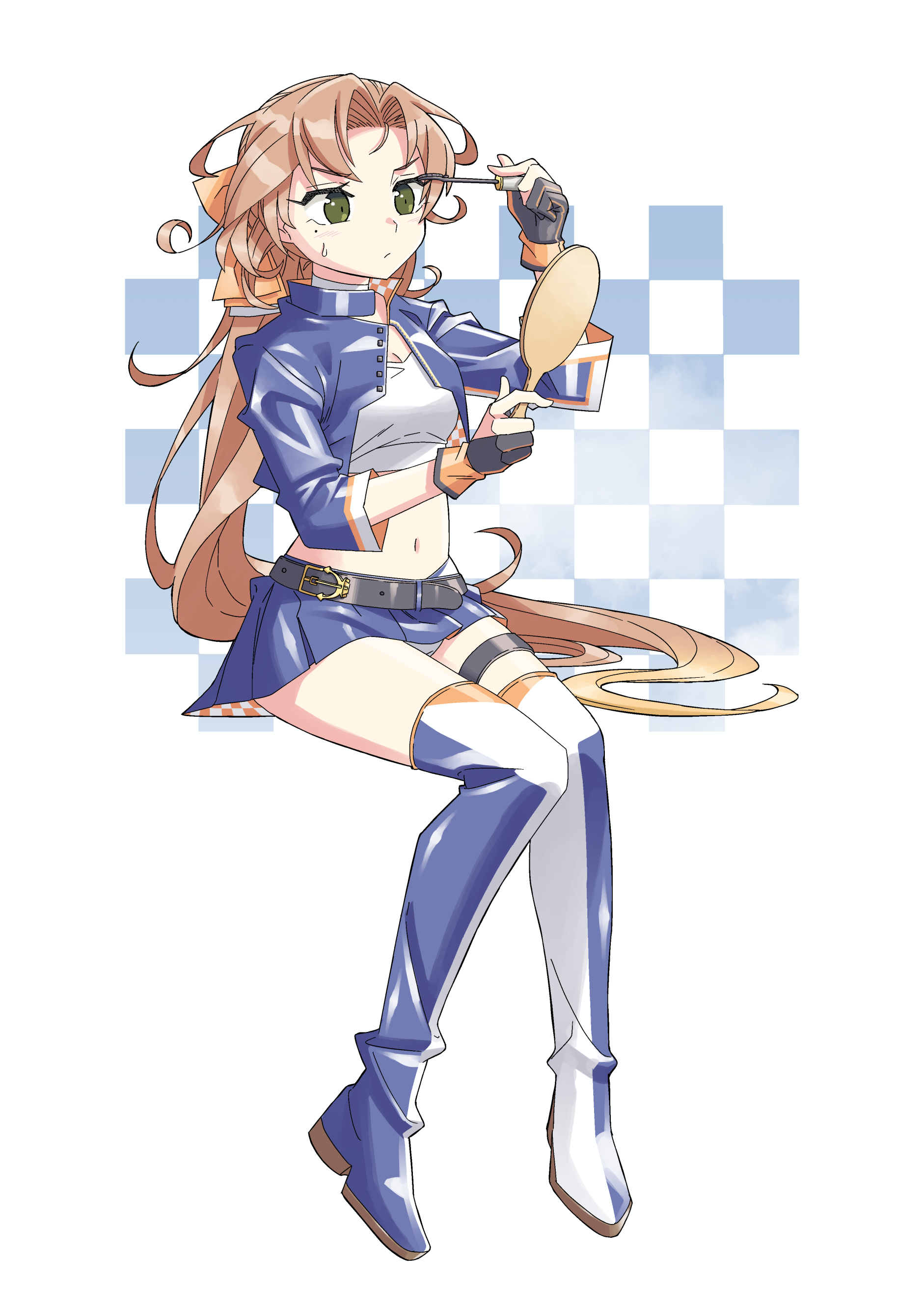 1girl absurdres akigumo_(kancolle) akigumo_kai_ni_(kancolle) akigumo_kai_ni_(race_queen)_(kancolle) applying_makeup applying_own_makeup blue_jacket boots breasts brown_hair checkered_background cosmetics crop_top green_eyes hair_ribbon hand_mirror highres jacket kantai_collection kazh_(kazu) long_hair looking_at_mirror makeup makeup_brush mirror mole mole_under_eye official_alternate_costume ponytail race_queen ribbon short_sleeves sitting skirt small_breasts solo thigh_boots white_background