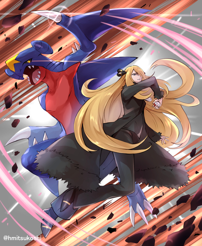 1girl black_coat black_footwear black_pants black_shirt blonde_hair coat commentary_request cynthia_(pokemon) energy full_body fur-trimmed_coat fur_collar fur_trim garchomp gen_4_pokemon hair_ornament hair_over_one_eye high_heels holding holding_poke_ball long_hair long_sleeves mitsukoshi_haruha nintendo pants poke_ball poke_ball_(basic) pokemon pokemon_(creature) pokemon_dppt rock shirt very_long_hair