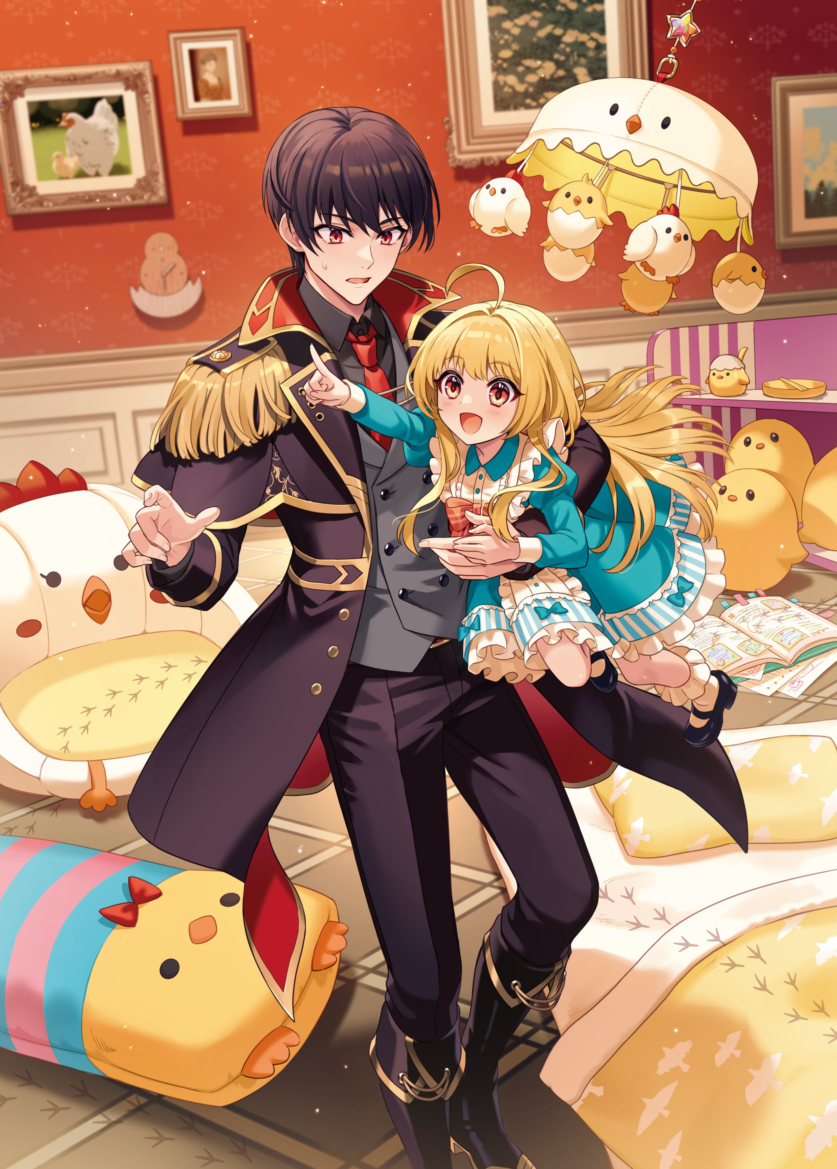 1boy 1girl absurdres ahoge animal_print aqua_bow aqua_dress bird bird_footprints bird_print black_capelet black_coat black_footwear black_hair black_pants black_shirt blanket blonde_hair book bow buttons capelet carrying carrying_under_arm center_frills chair chick child chopsticks coat cover cover_page double-breasted dress dress_bow epaulettes fold-over_boots foot_out_of_frame frilled_dress frilled_socks frills full_body futon gold_trim grey_vest hair_between_eyes hair_intakes highres indoors juliet_sleeves lapels long_hair long_sleeves looking_ahead looking_at_another mary_janes michi_(iawei) mobile necktie notched_lapels novel_cover official_art open_book orange_eyes outstretched_arm pants paper photo_(object) picture_frame pillow pointing puffy_sleeves red_bow red_coat red_eyes red_necktie second-party_source seijo_dakedo_yami_ochi_shitara_hiyoko_ni_narimashita! shirt shoes sleeping_bag sleeve_cuffs socks standing stuffed_chicken sweatdrop themed_object tile_floor tiles two-sided_coat two-sided_fabric vest waist_bow white_socks