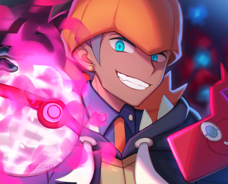 1boy aqua_eyes black_hoodie blurry blurry_background collared_shirt commentary_request dynamax_ball earrings gen_4_pokemon gloves glowing grin headband holding hood hood_down hoodie jewelry looking_at_viewer male_focus nintendo orange_headband pokemon pokemon_swsh raihan_(pokemon) rotom rotom_phone shirt smile tassel teeth upper_body wusagi2