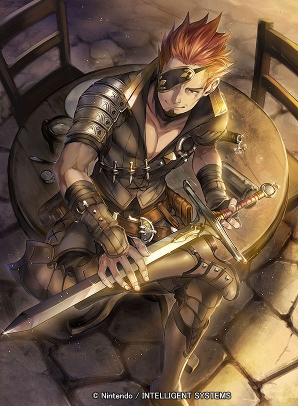 1boy boots chair company_name crossed_legs eyepatch facial_hair fire_emblem fire_emblem_cipher fire_emblem_echoes:_shadows_of_valentia goatee holding holding_sword holding_weapon male_focus mature_male mercenary nintendo official_art p-nekor pectoral_cleavage pectorals red_hair round_table saber_(fire_emblem) sitting sitting_on_table solo sword table weapon