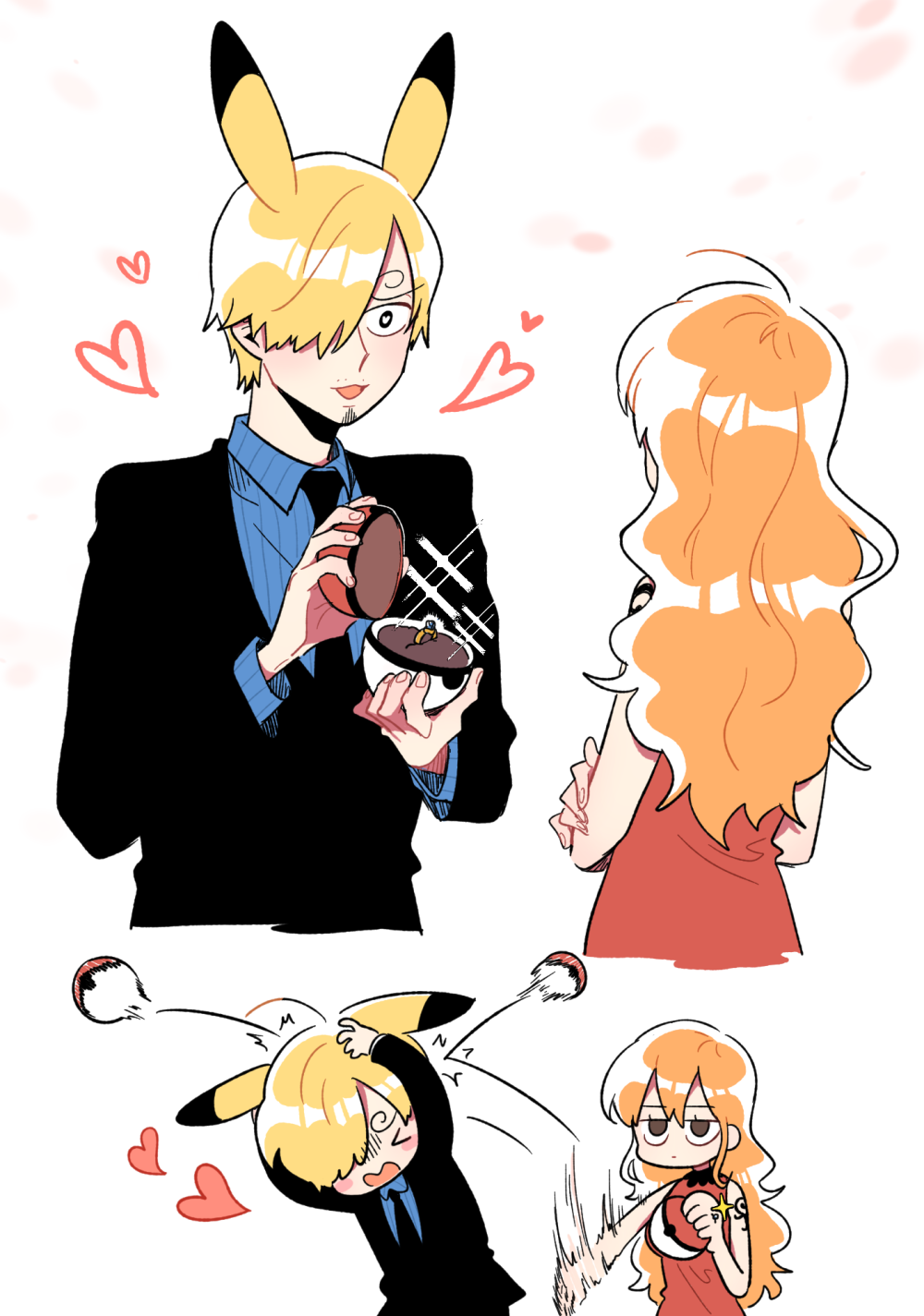 &gt;_&lt; 1boy 1girl :3 animal_ears arm_tattoo black_suit blonde_hair blue_shirt blush collared_shirt commentary crossed_arms curly_eyebrows dress ears_down facial_hair formal_clothes gen_1_pokemon hair_over_one_eye hand_on_own_head heart heart-shaped_pupils highres holding jewelry long_hair marriage_proposal mob0322 nami_(one_piece) nintendo one_piece orange_hair pikachu pikachu_ears poke_ball pokemon red_dress rejection ring ring_box sad sanji_(one_piece) shirt short_hair simple_background sparkle stubble suit symbol-shaped_pupils tattoo throwing throwing_poke_ball unamused upper_body wedding_ring white_background