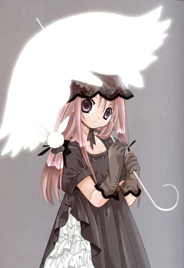 1girl dress female_focus hat koge_donbo misha misha_(pita_ten) pink_hair pita_ten purple_eyes solo umbrella