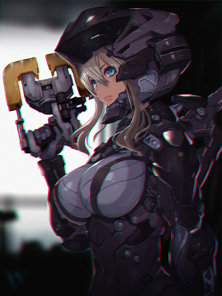 1girl armor bodysuit breasts chromatic_aberration closed_mouth dead_space gloves green_eyes hair_between_eyes helmet holding holding_weapon large_breasts light_brown_hair nidy plasma_cutter science_fiction solo standing weapon