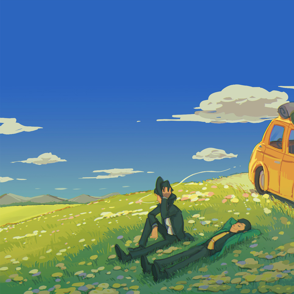 2boys arm_on_knee arms_behind_head arsene_lupin_iii beard black_pants black_shirt black_shoes black_suit blue_shirt car castle_of_cagliostro cigarette closed_eyes cloud facial_hair fedora flower formal_clothes green_jacket hat head_rest holding holding_unworn_clothes holding_unworn_hat jacket jigen_daisuke knee_up looking_to_the_side looking_up lupin_iii lying male_focus medium_hair mino_(mino_cat) motor_vehicle multiple_boys necktie on_back on_grass pants shirt shoes sideburns sitting smoking suit unworn_hat unworn_headwear white_necktie yellow_car yellow_necktie